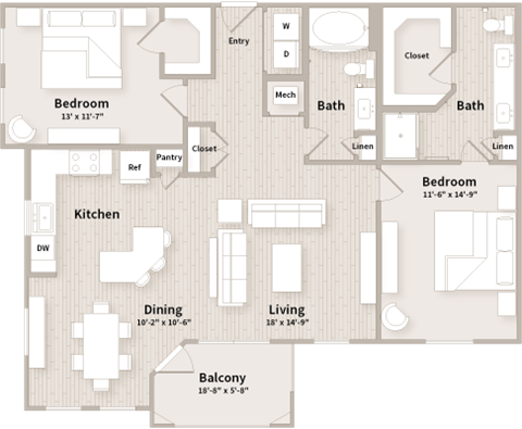 B3 floorplan which is a 2 bedroom, 2 bath apartment at The Parkway on Westlake, Humble, Texas